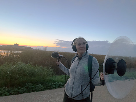 Photo: Sarah Ens with headphones and holding a sound dish and microphone in front of a marsh at sunset.